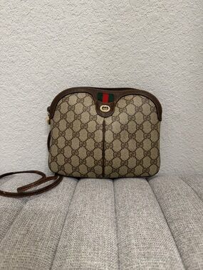 Gucci Beige/Brown GG Canvas Crossbody with Green-Red Web